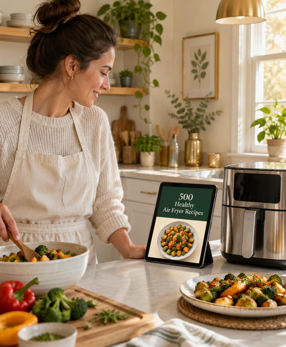 Home cook preparing crispy vegetables while following the ebook