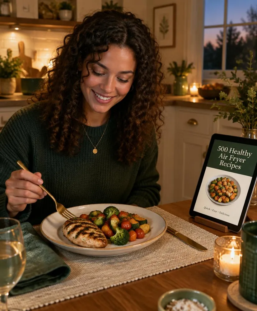 Woman enjoying a wholesome air fryer dinner with the ebook beside her
