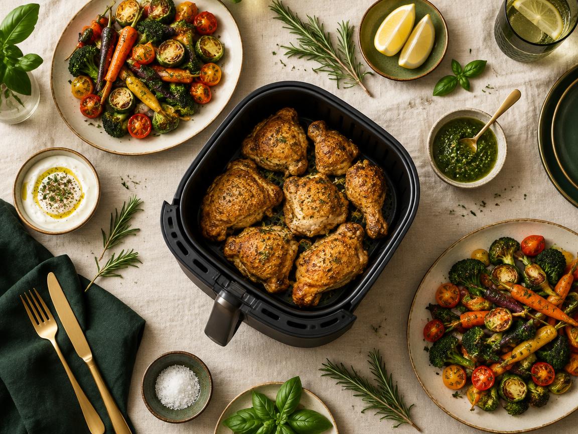 Golden crispy chicken in an air fryer basket surrounded by colorful roasted vegetables on a cream table