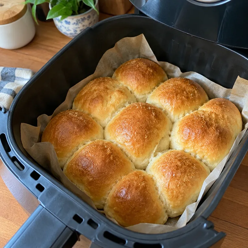 Golden dinner rolls baked in an air fryer