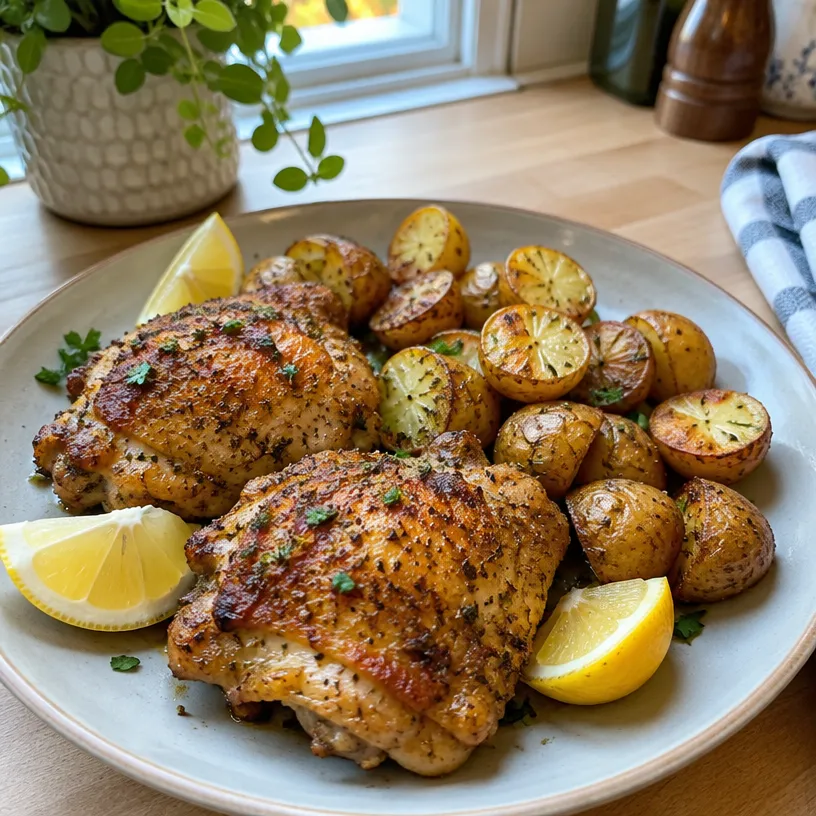 Golden air fryer chicken thighs with lemon potatoes