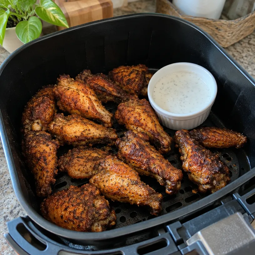 Crispy seasoned chicken wings in an air fryer basket