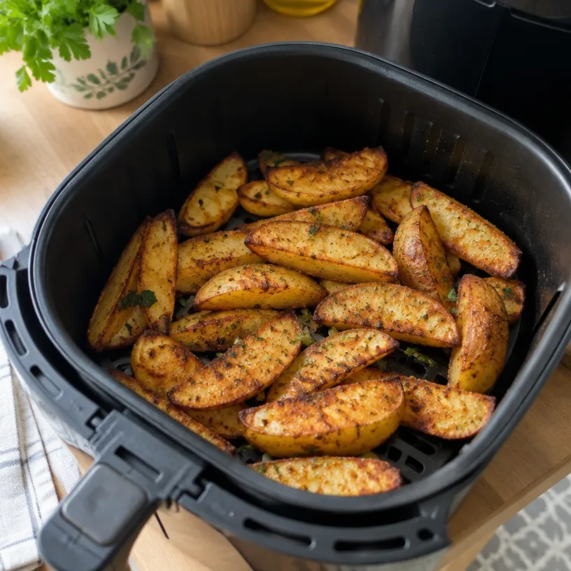 Crispy golden potato wedges in an air fryer basket