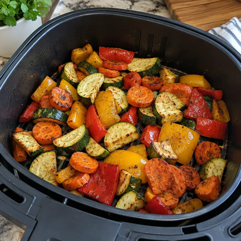 Colorful roasted vegetables in an air fryer basket
