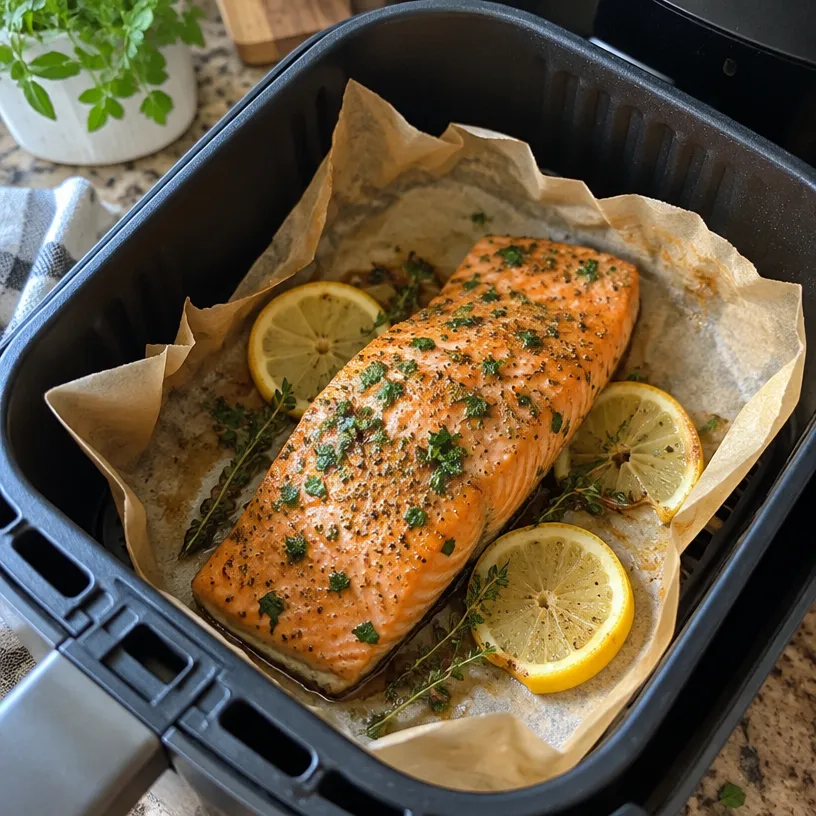 Air fryer salmon fillet with lemon and herbs
