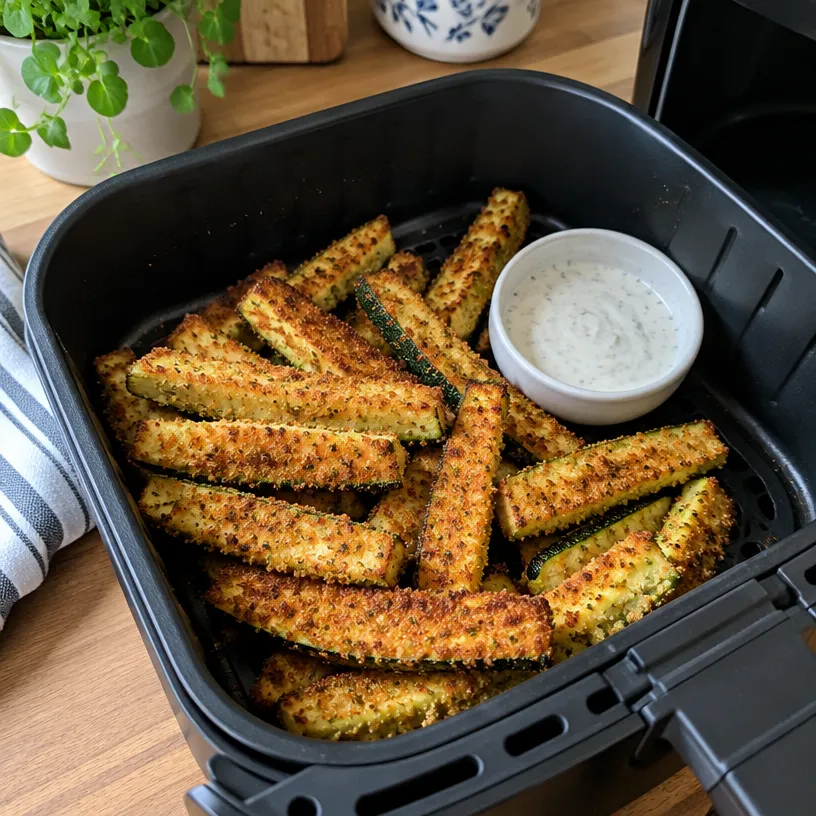 Crispy zucchini sticks with dipping sauce in an air fryer