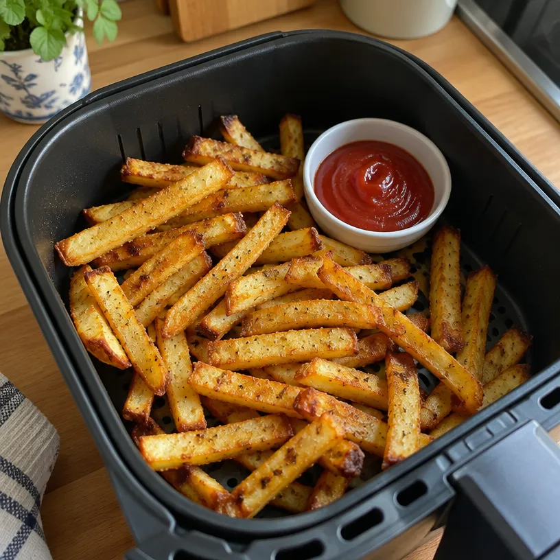 Golden air fryer fries with a bowl of ketchup