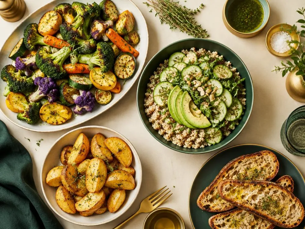 Crispy vegetables, a light grain bowl, simple sides, and golden toast